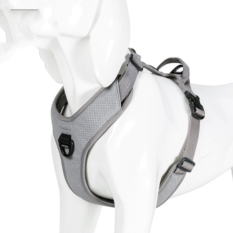 Grey mesh harness on a mannequin, side view