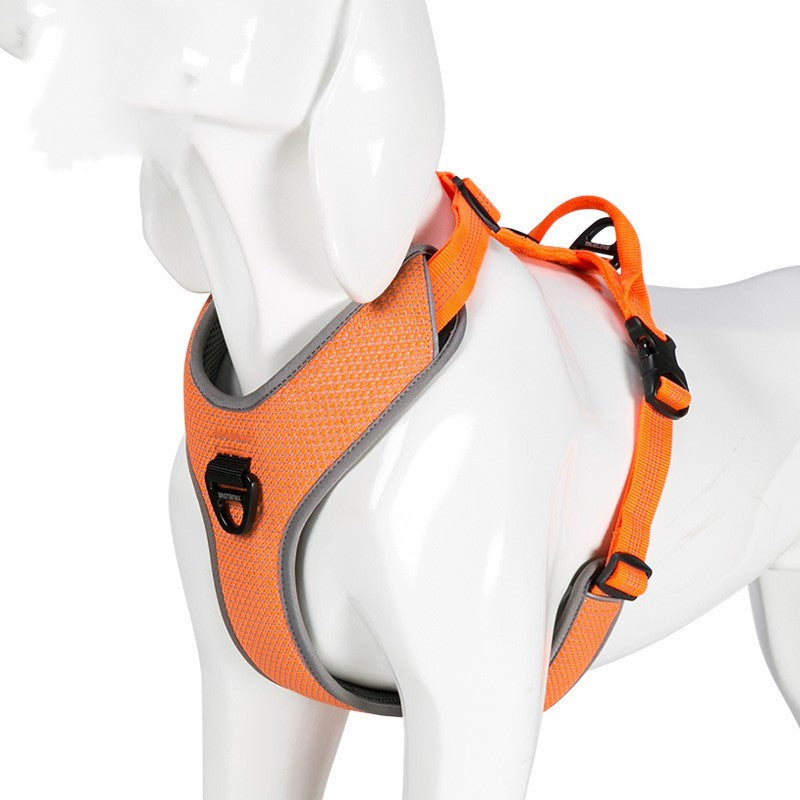 Orange mesh harness fitted on a white mannequin