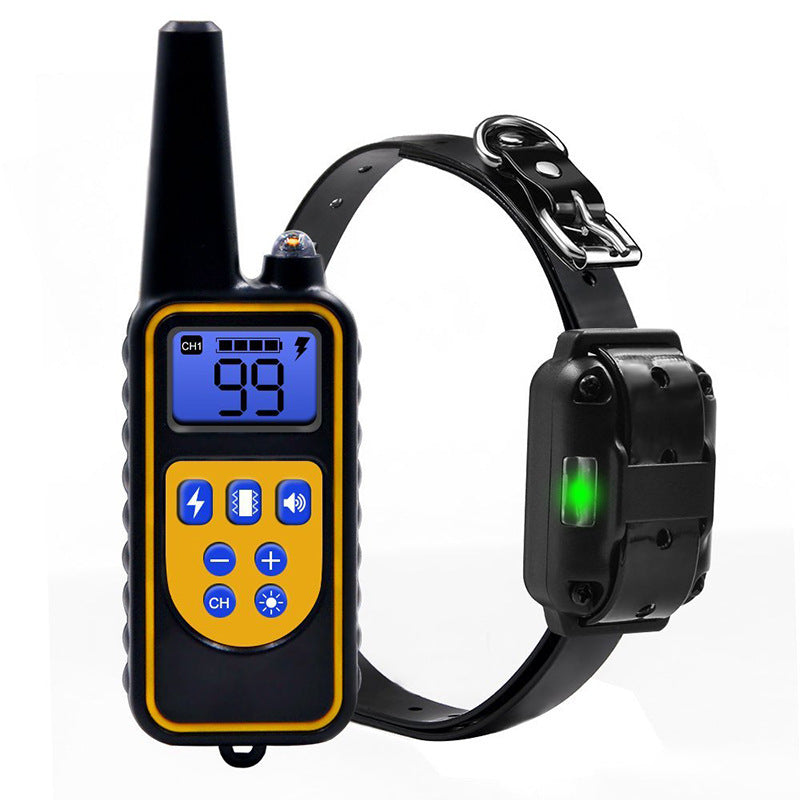 Yellow and black handheld transmitter with two receiver collars