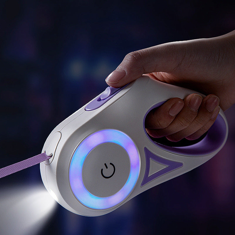 Hand holding the leash at night, purple light ring glowing