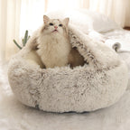 Grey plush shell nest with a ragdoll cat sitting up