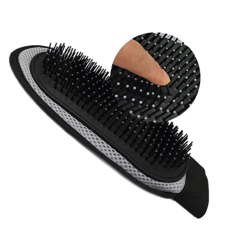 Black bristled grooming glove seen from the side