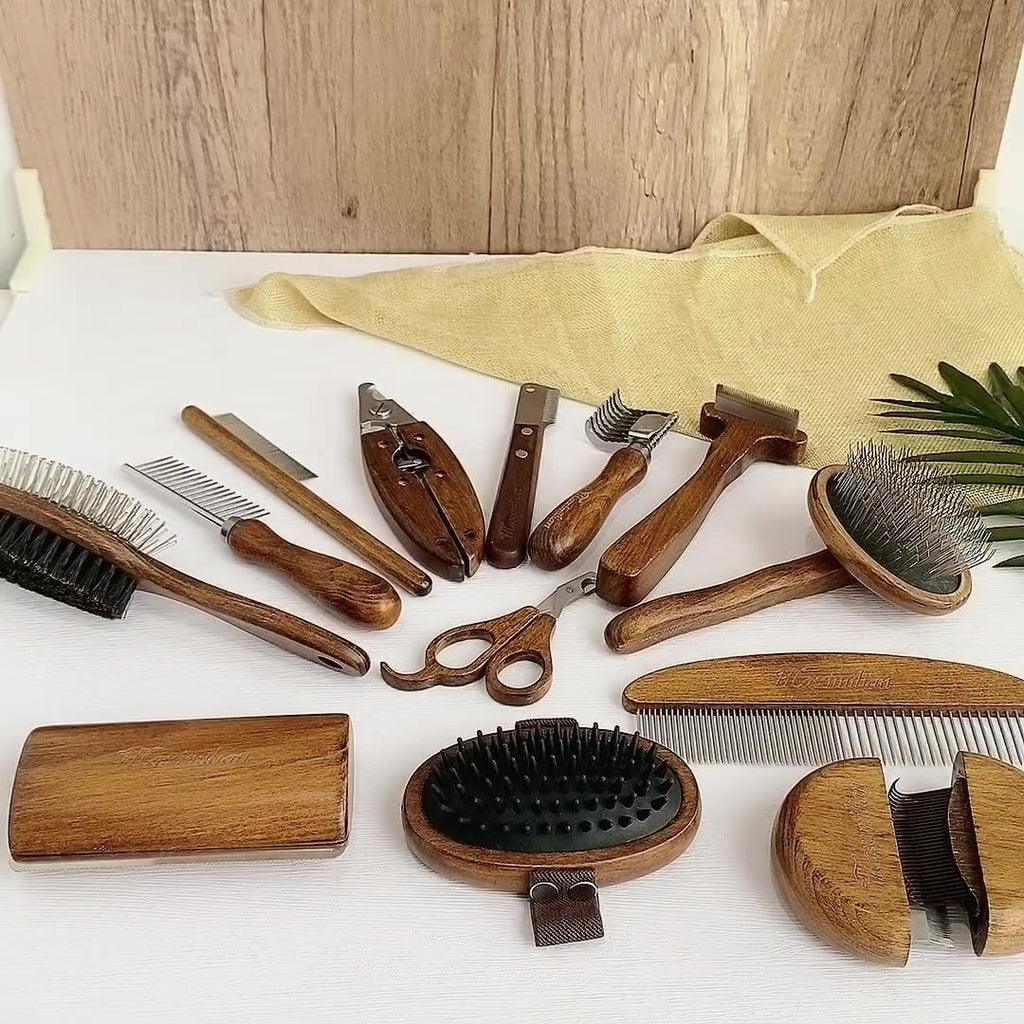 Wooden grooming tools arranged on a linen cloth