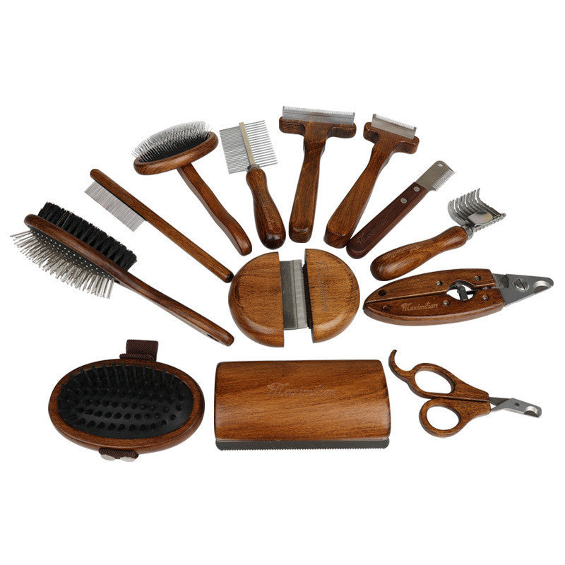 The full range of wooden combs and brushes laid out