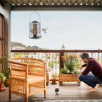 Person on a balcony beside the hanging feeder