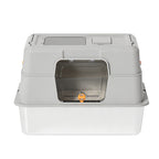 Grey enclosed litter box with a clear swing door