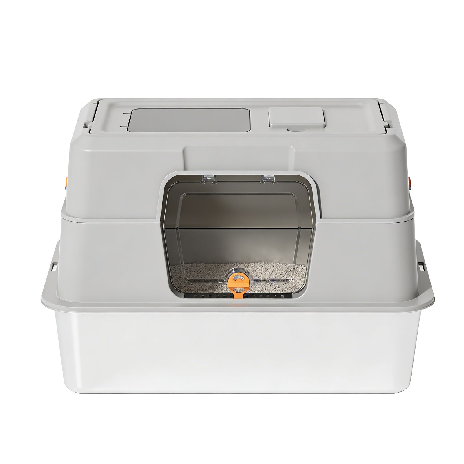 Grey enclosed litter box with a clear swing door