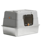 Grey litter box seen from the side