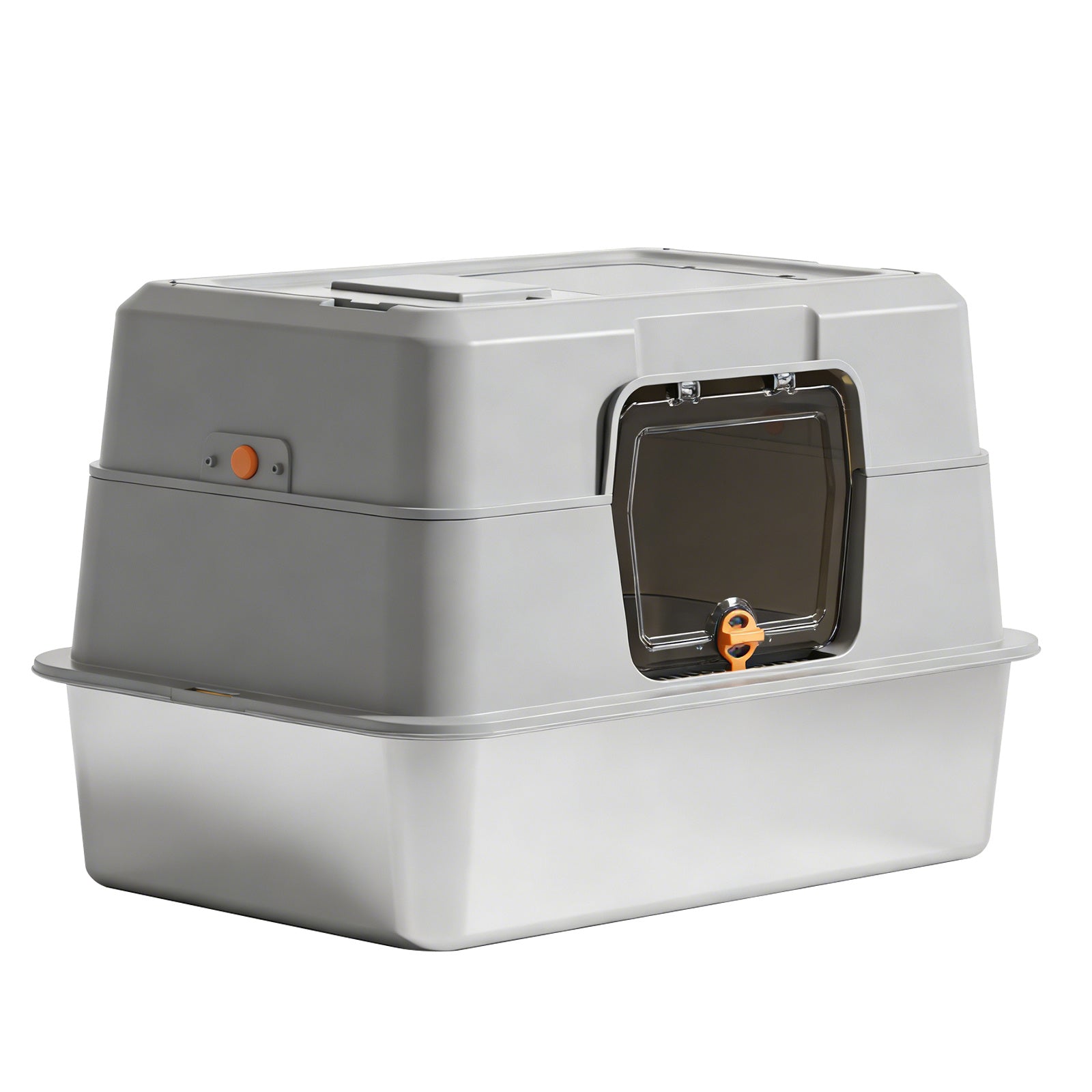 Grey litter box seen from the side