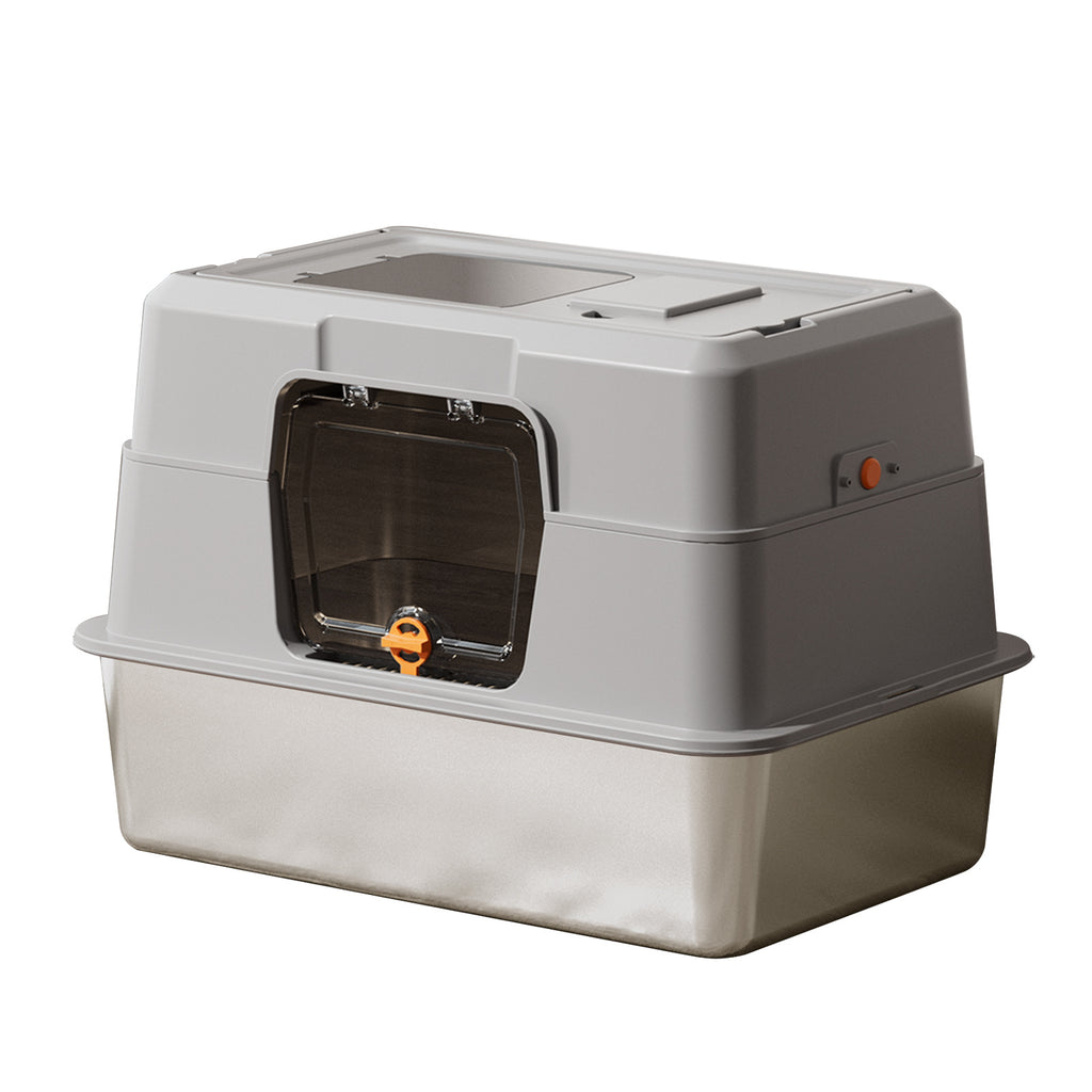 Grey litter box with a brown tinted swing door