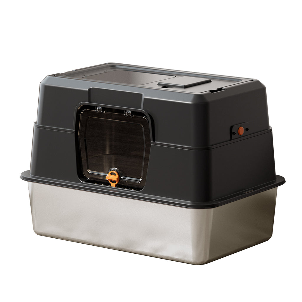 Black and grey litter box with a tinted swing door