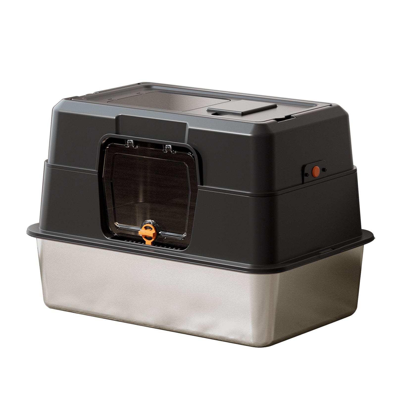 Black and grey litter box with a tinted swing door