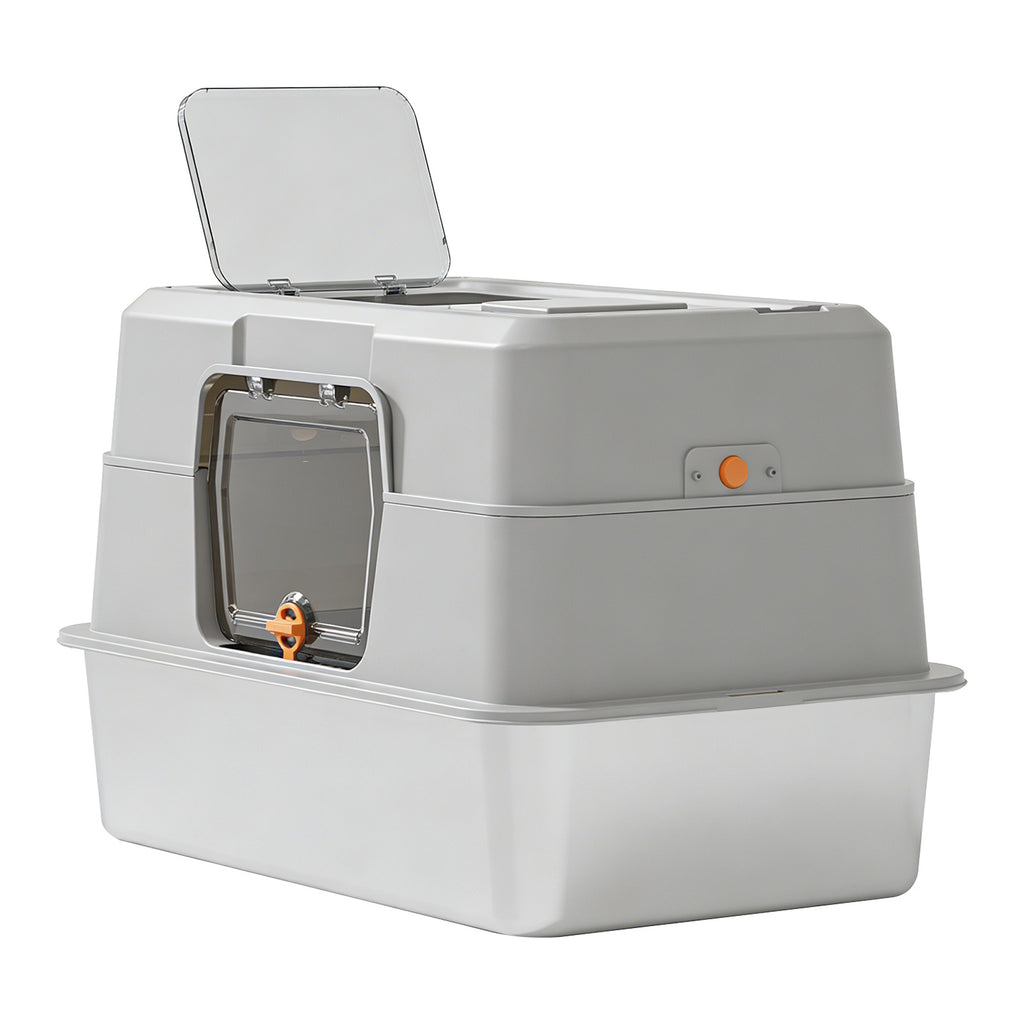 Litter box with the top lid propped open
