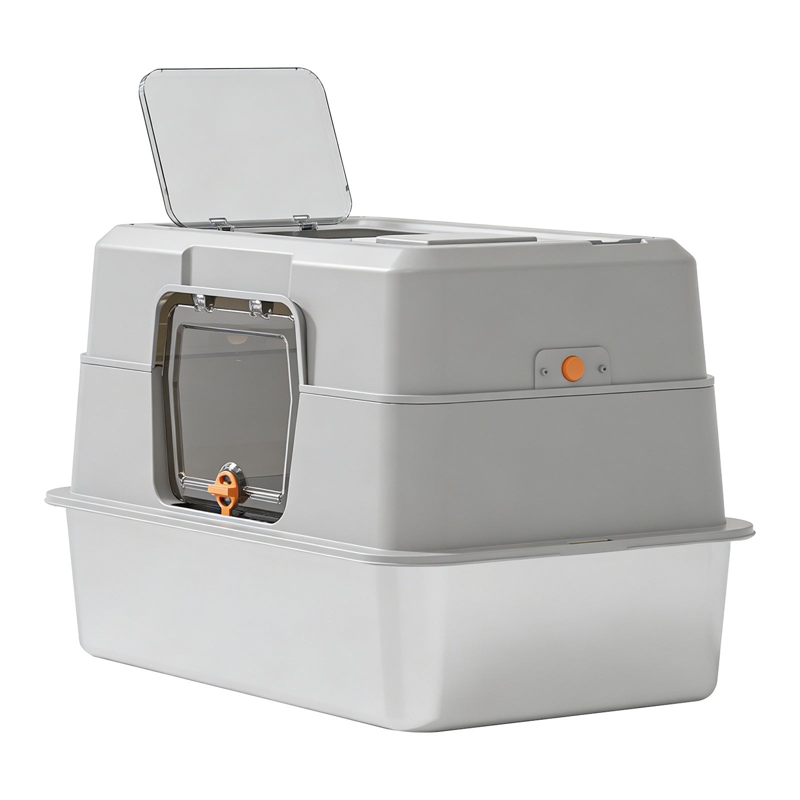 Litter box with the top lid propped open