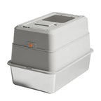 Grey litter box seen from the back