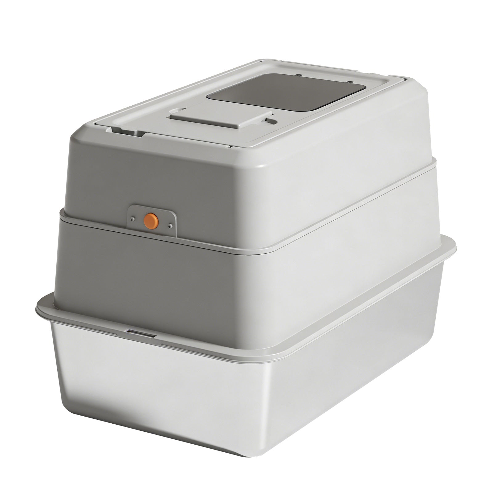 Grey litter box seen from the back
