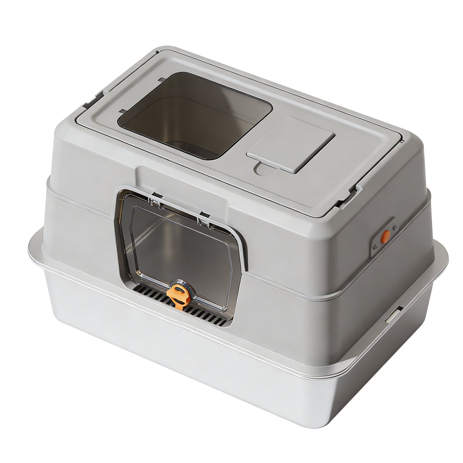 Litter box with the top vent panel opened