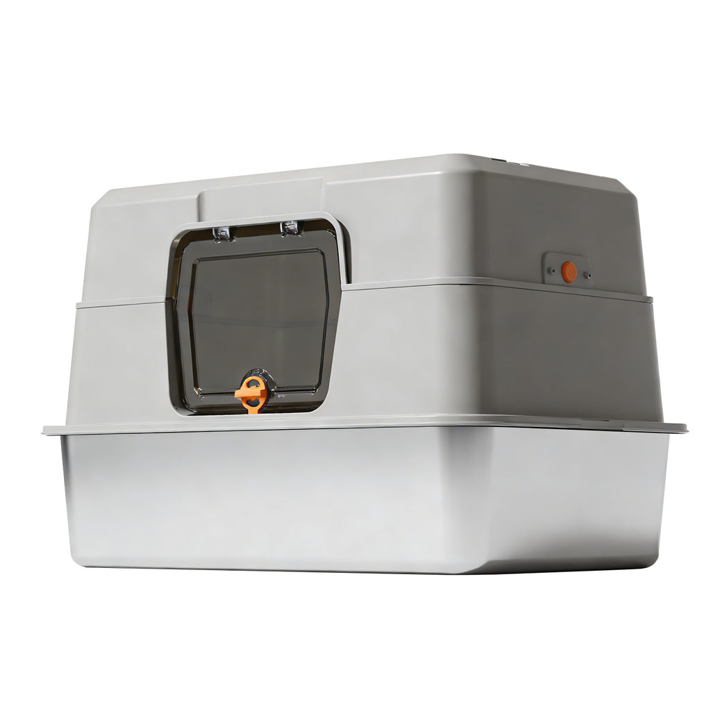Grey litter box seen from a low angle