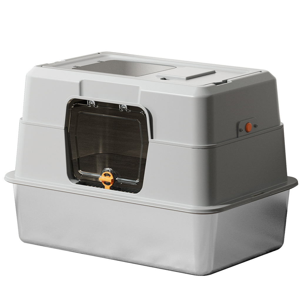 Grey litter box with the top hatch open