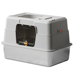Grey litter box with the top hatch open