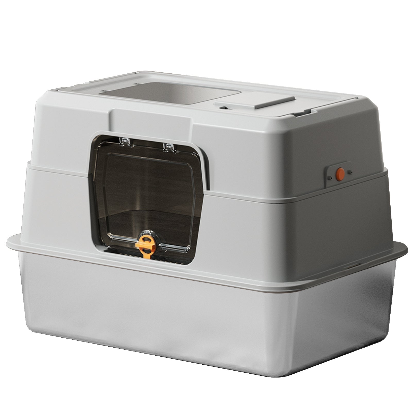 Grey litter box with the top hatch open