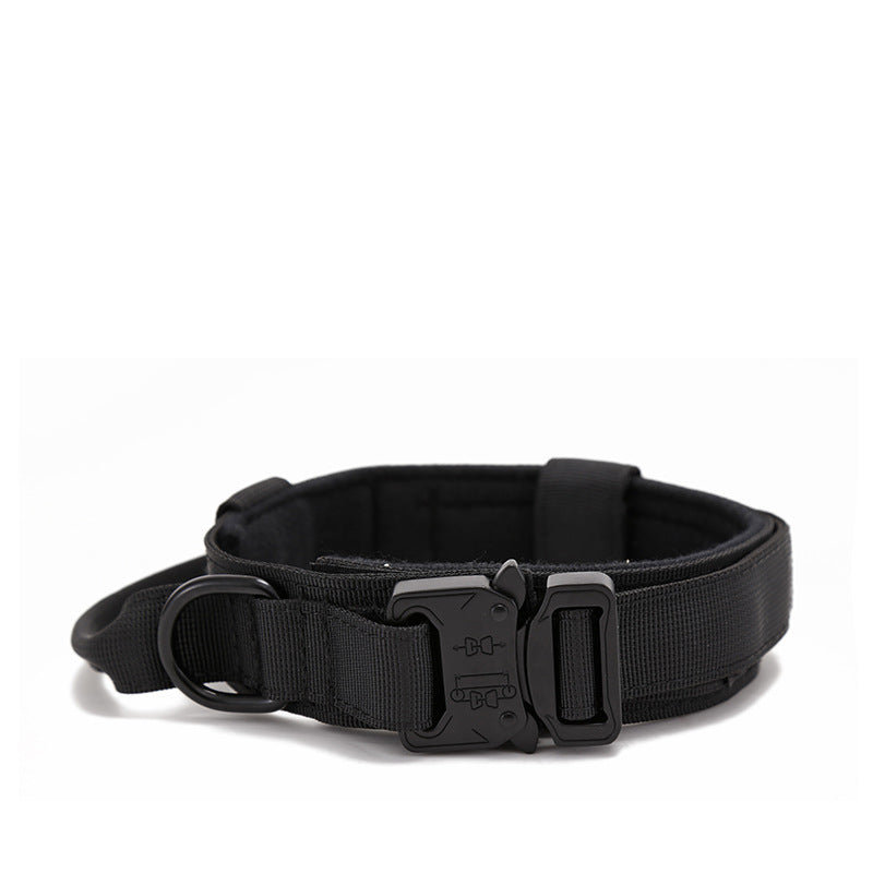 Black tactical collar with black buckle, laid flat
