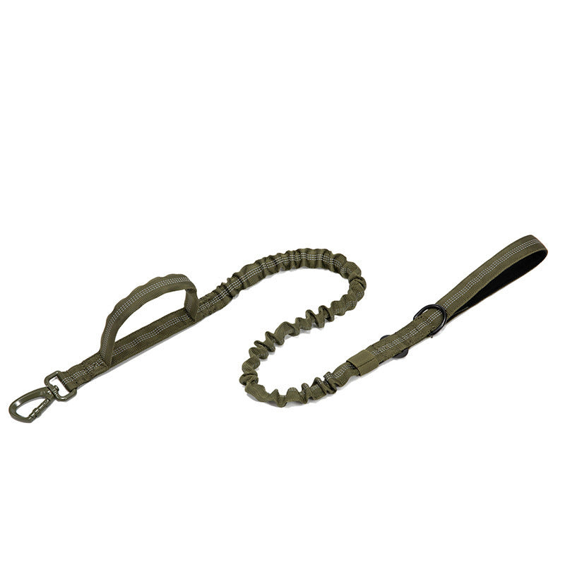 Olive bungee leash with padded handle, coiled