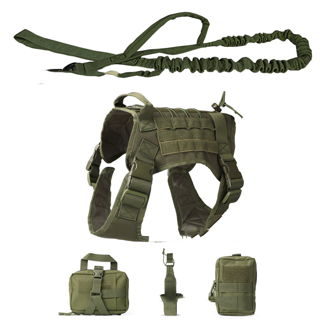 Olive tactical harness with bungee leash and three pouches
