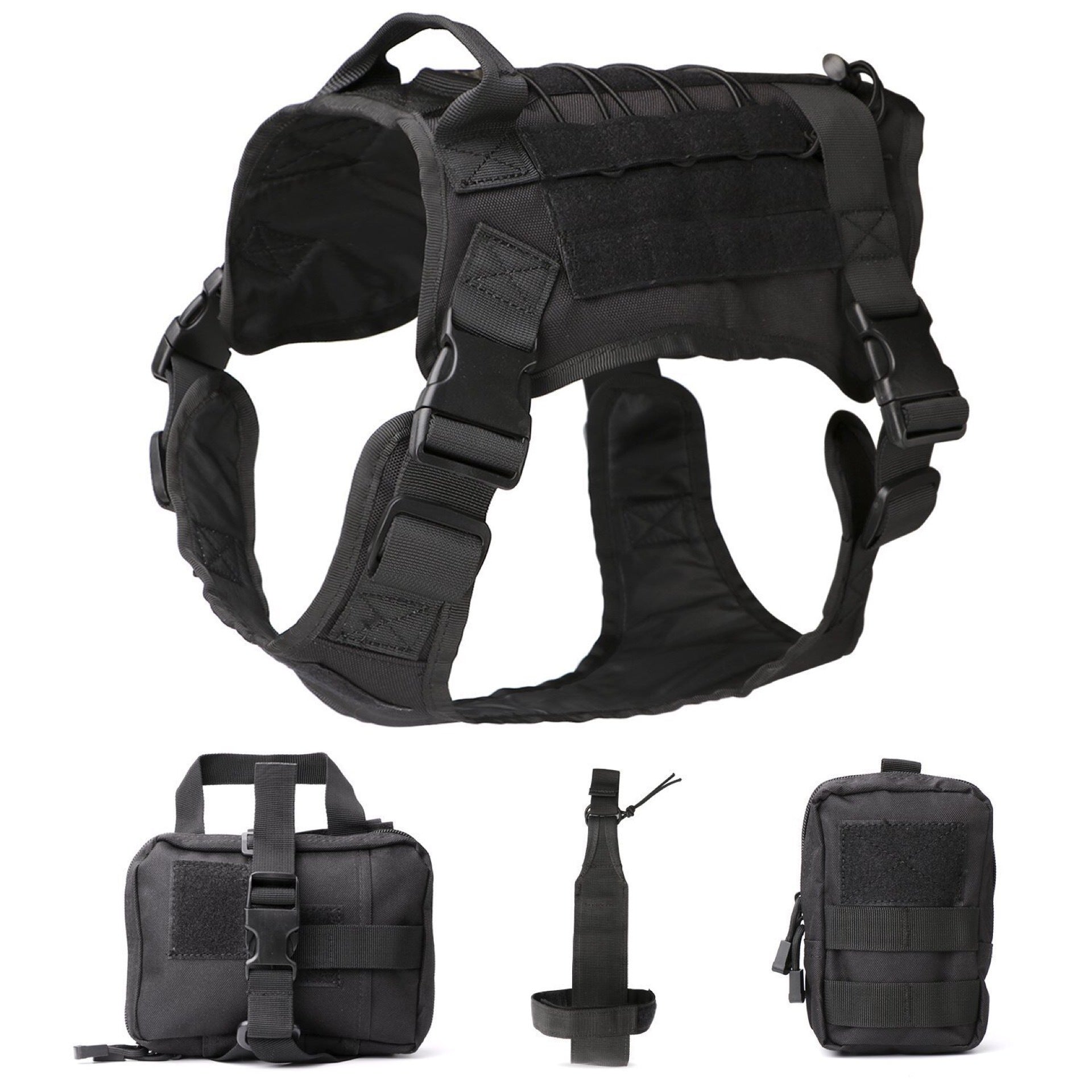 Black tactical harness laid flat with its pouches below