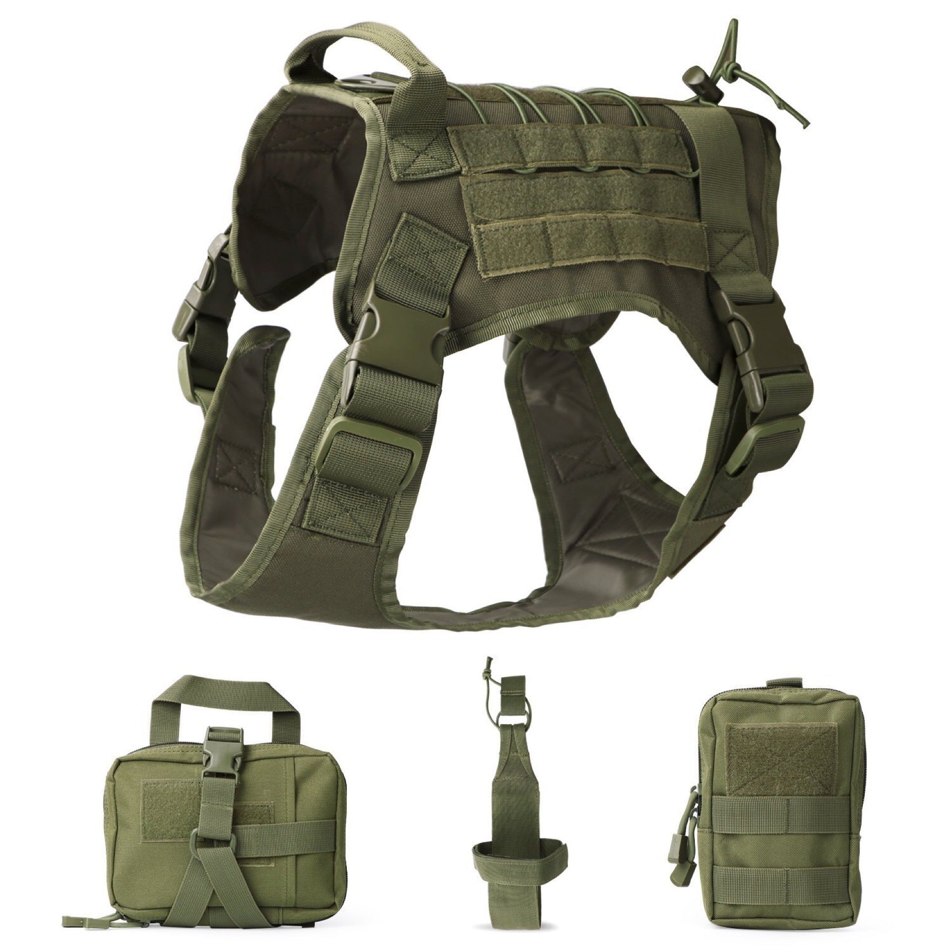 Olive green harness with MOLLE panels and pouches