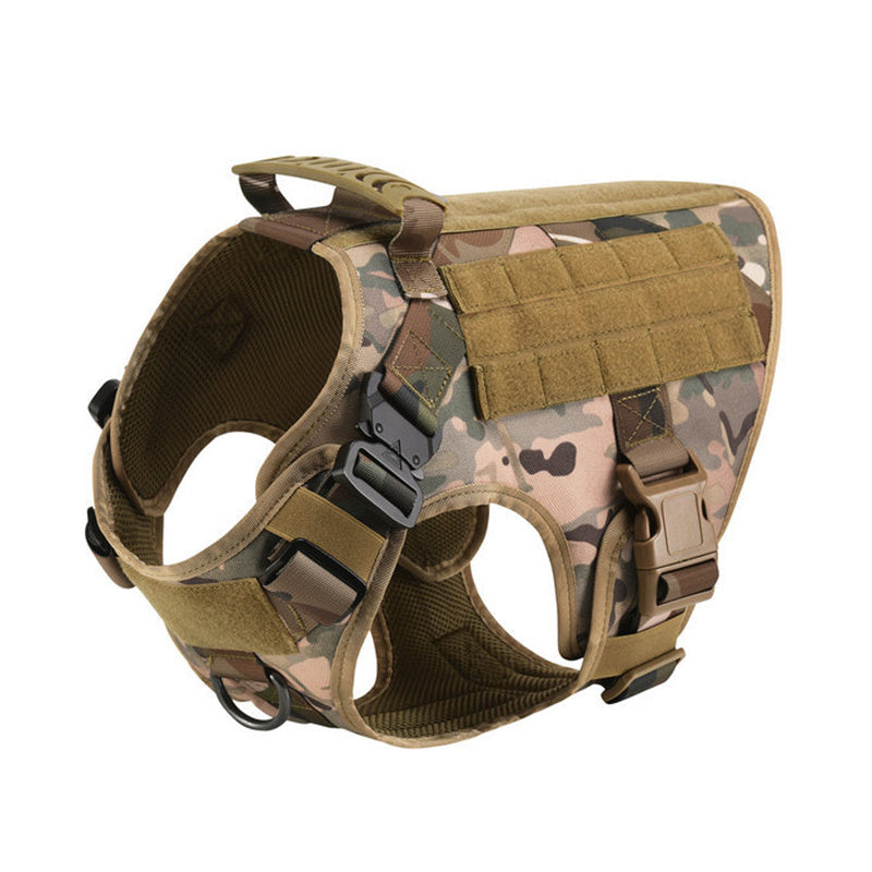 Camouflage tactical vest laid flat, front view