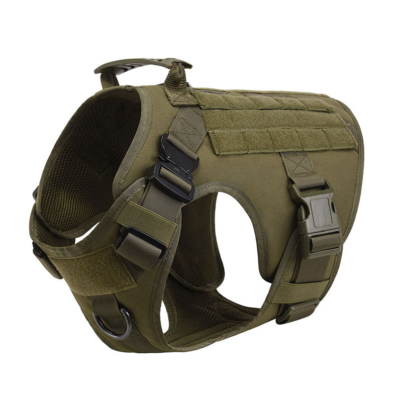 Olive green tactical vest laid flat, front view