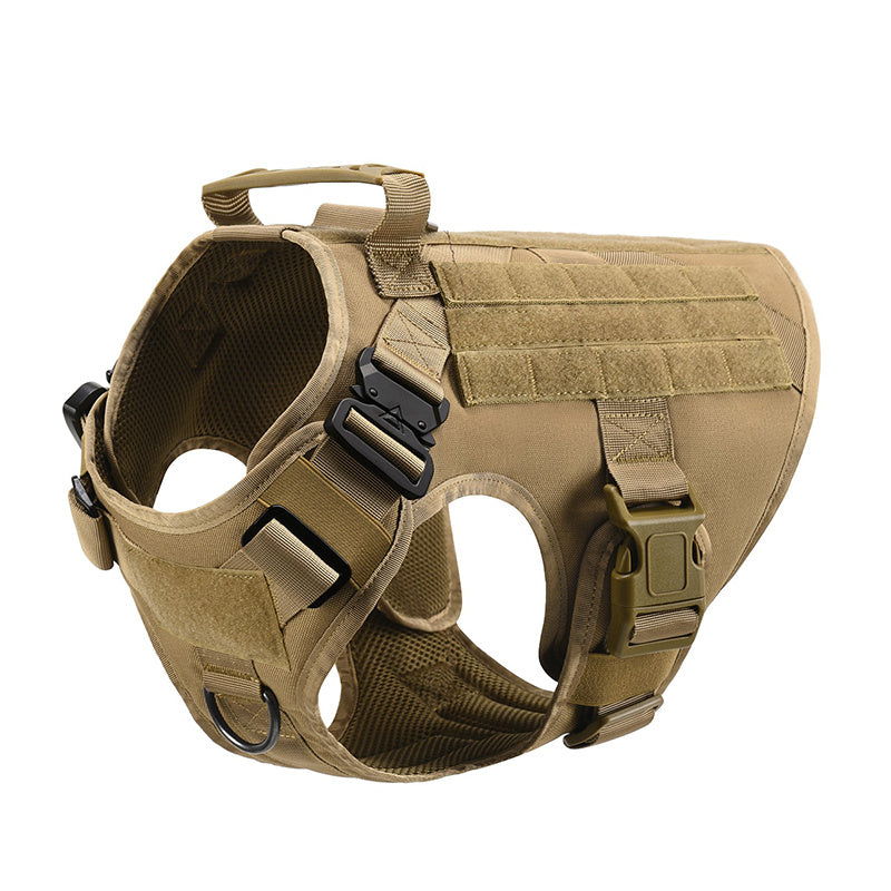 Khaki tactical vest laid flat, front view