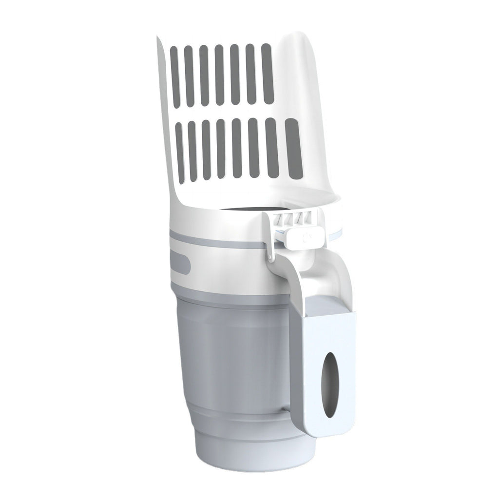 White litter scoop with the bin unit attached, front view