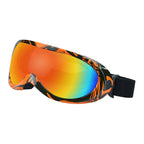Orange patterned goggles with rainbow lens, side view
