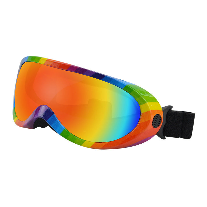 Rainbow frame goggles with elastic strap, side view